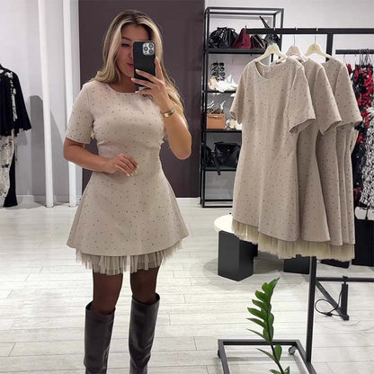 🔥Hot Sale Deals-Women’s Sparkling Lace Trim Short-Sleeve Mini Dress | Elegant & Shimmering
