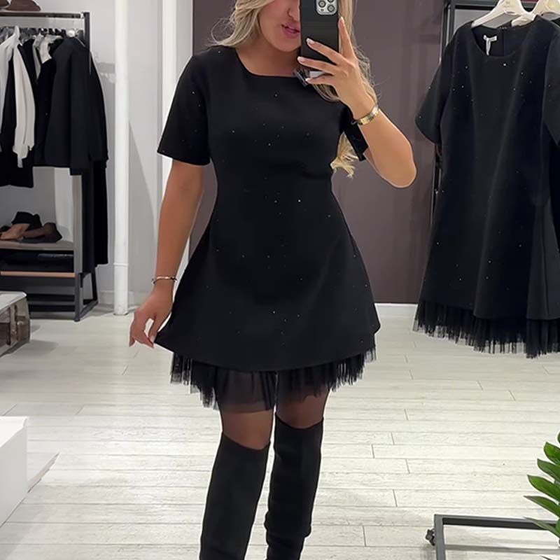 🔥Hot Sale Deals-Women’s Sparkling Lace Trim Short-Sleeve Mini Dress | Elegant & Shimmering
