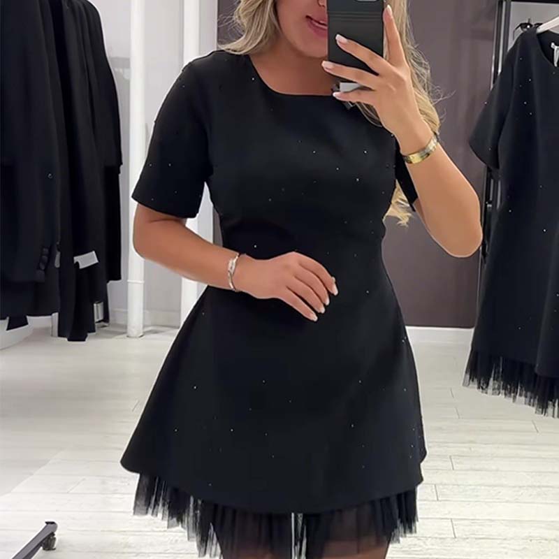 🔥Hot Sale Deals-Women’s Sparkling Lace Trim Short-Sleeve Mini Dress | Elegant & Shimmering