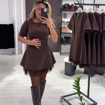🔥Hot Sale Deals-Women’s Sparkling Lace Trim Short-Sleeve Mini Dress | Elegant & Shimmering