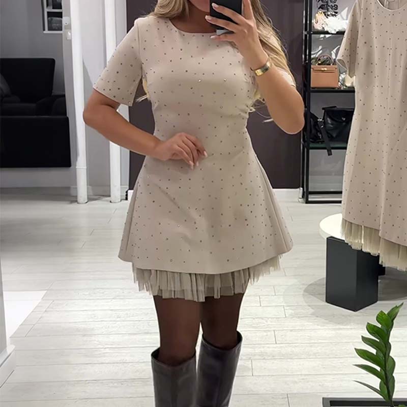 🔥Hot Sale Deals-Women’s Sparkling Lace Trim Short-Sleeve Mini Dress | Elegant & Shimmering