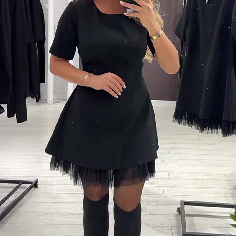 🔥Hot Sale Deals-Women’s Sparkling Lace Trim Short-Sleeve Mini Dress | Elegant & Shimmering