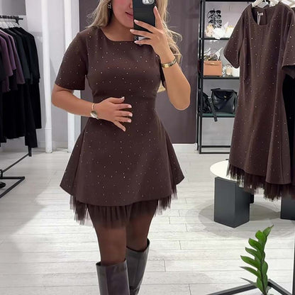 🔥Hot Sale Deals-Women’s Sparkling Lace Trim Short-Sleeve Mini Dress | Elegant & Shimmering