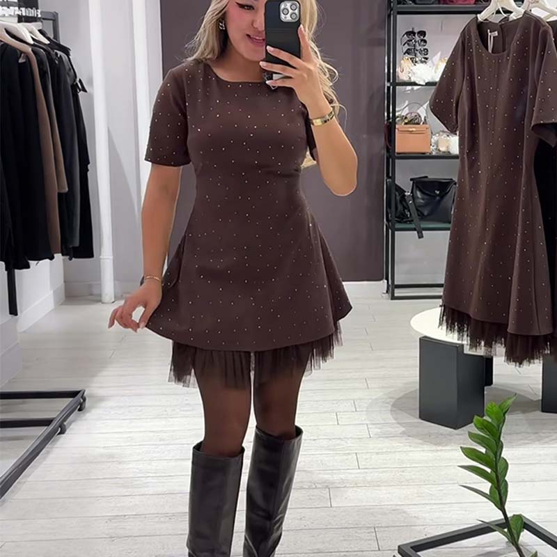 🔥Hot Sale Deals-Women’s Sparkling Lace Trim Short-Sleeve Mini Dress | Elegant & Shimmering