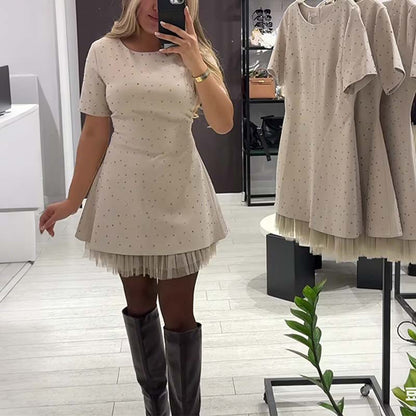 🔥Hot Sale Deals-Women’s Sparkling Lace Trim Short-Sleeve Mini Dress | Elegant & Shimmering