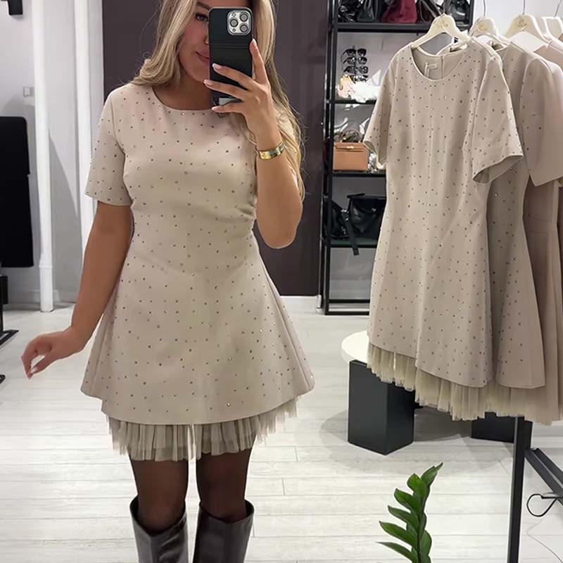 🔥Hot Sale Deals-Women’s Sparkling Lace Trim Short-Sleeve Mini Dress | Elegant & Shimmering