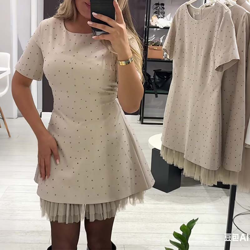 🔥Hot Sale Deals-Women’s Sparkling Lace Trim Short-Sleeve Mini Dress | Elegant & Shimmering