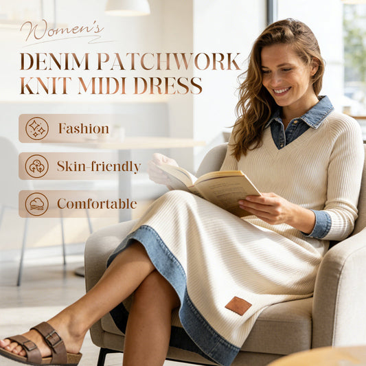 Women's Denim Patchwork Knit Midi Dress