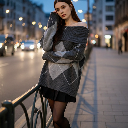 Women's Off-the-Shoulder Argyle Knit Sweater