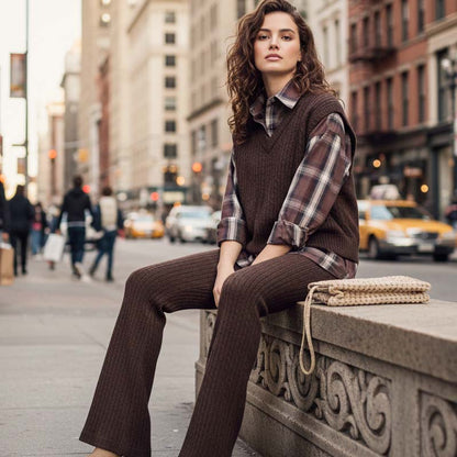 Women's Elegant Faux Two-Piece Shirt & Pants Lounge Set