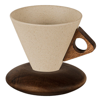 Vintage Coffee Mug with Wooden Handle & Saucer