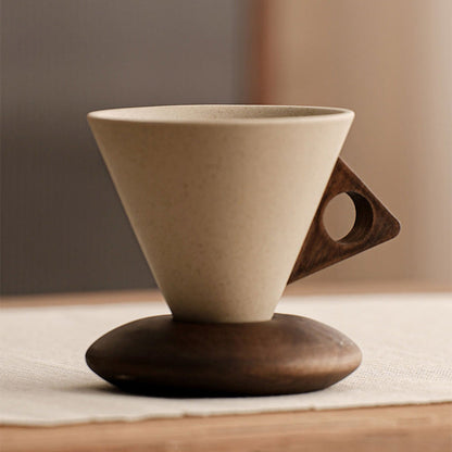 Vintage Coffee Mug with Wooden Handle & Saucer