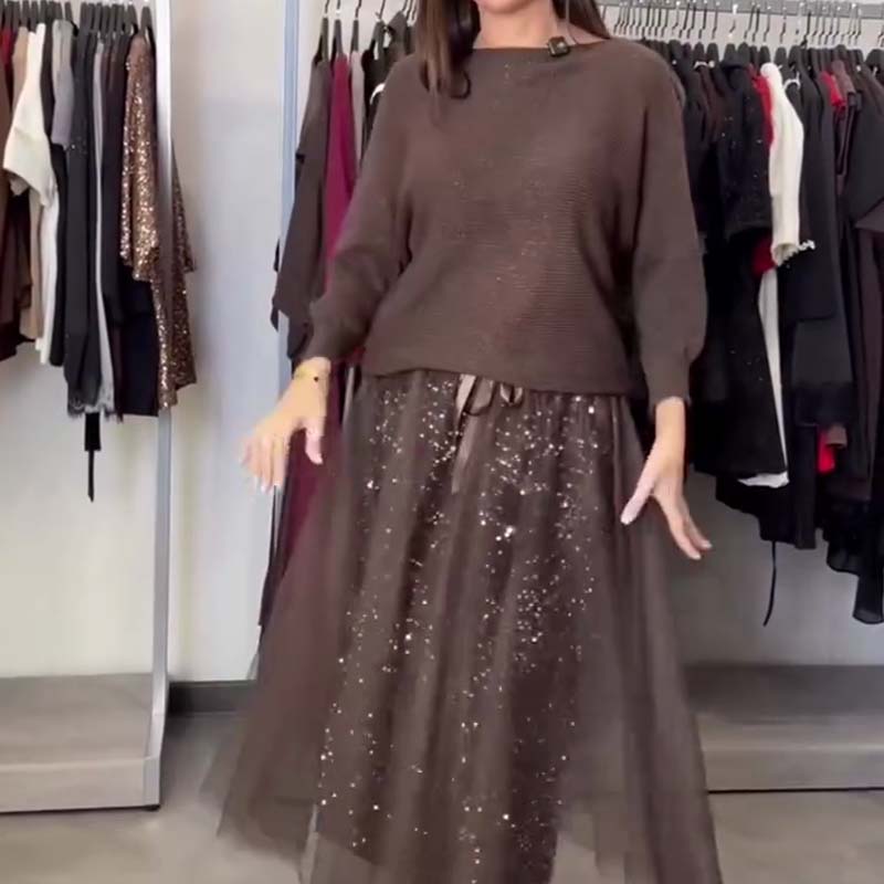Women's Fashion Knit Top & Mesh Dress 2-Piece Set