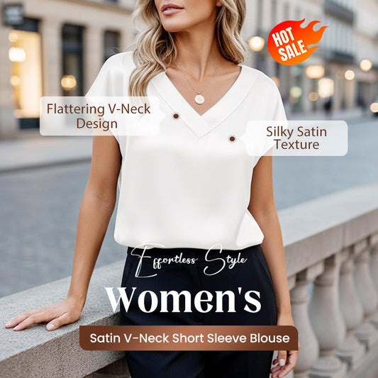 🔥Hot Sale Deals-Women's Satin V-Neck Short Sleeve Blouse