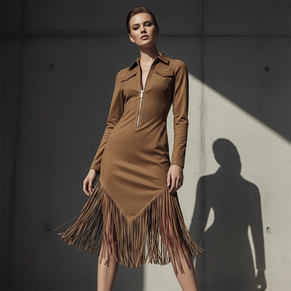 🌸Hot Sale 50% OFF💖Women's Retro Zipper Midi Dress with Tassel