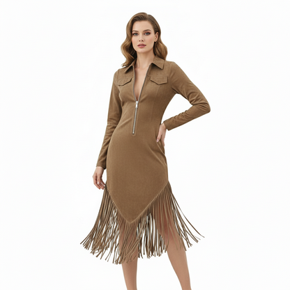 🌸Hot Sale 50% OFF💖Women's Retro Zipper Midi Dress with Tassel