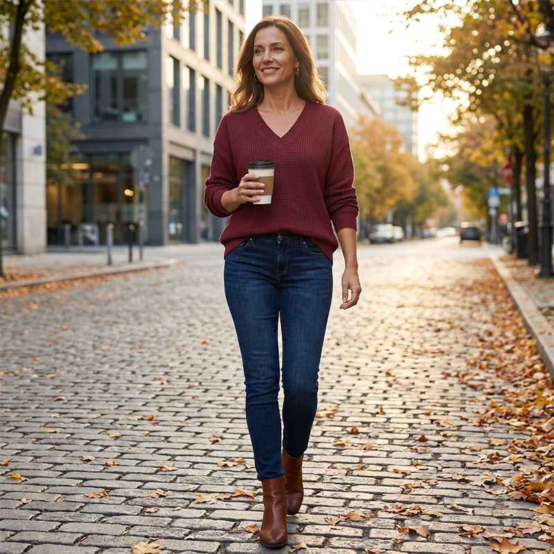 Women's Casual Long Sleeve V-Neck Waffle Knit Top