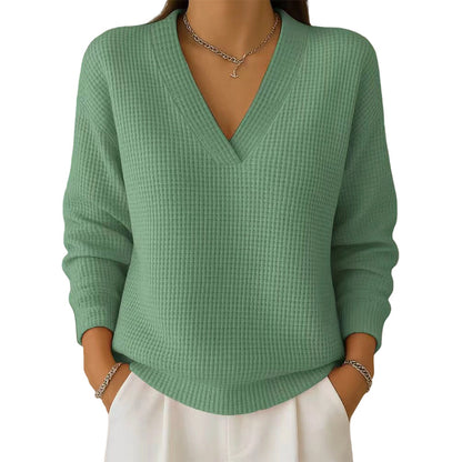 Women's Casual Long Sleeve V-Neck Waffle Knit Top