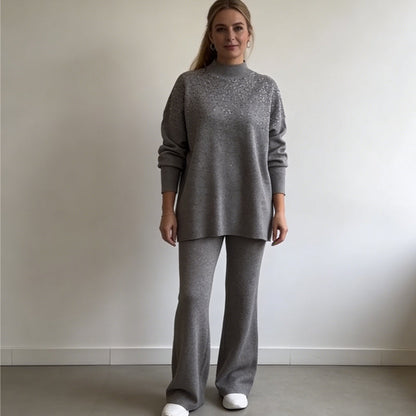 Rhinestone Embellished Knit Sweater & Pants Set