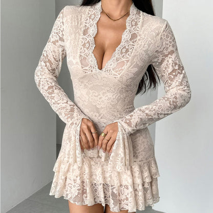 🎁2026 New Arrivals 49% OFF💥Elegant Lace V-Neck Dress with Ruffle Trim