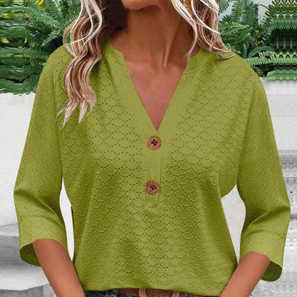 🔥Limited-time offer-Women's V-Neck Button Down Eyelet Blouse