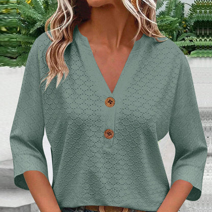 🔥Limited-time offer-Women's V-Neck Button Down Eyelet Blouse