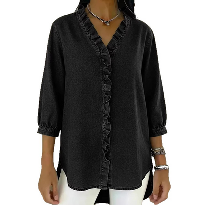 🔥Limited-time offer-Women's Casual Ruffle V-Neck Shirt | Soft, Breathable & Flattering High-Low Hem ✨