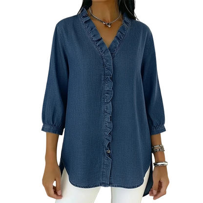 🔥Limited-time offer-Women's Casual Ruffle V-Neck Shirt | Soft, Breathable & Flattering High-Low Hem ✨