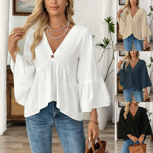 Women's V-Neck Ruffle Sleeve Blouse