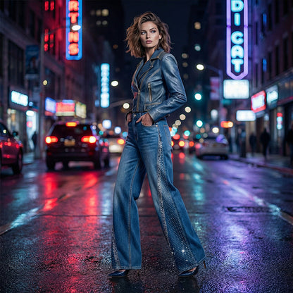 🔥Hot Sale Deals-Women's Rhinestone-Embellished Wide-Leg Jeans
