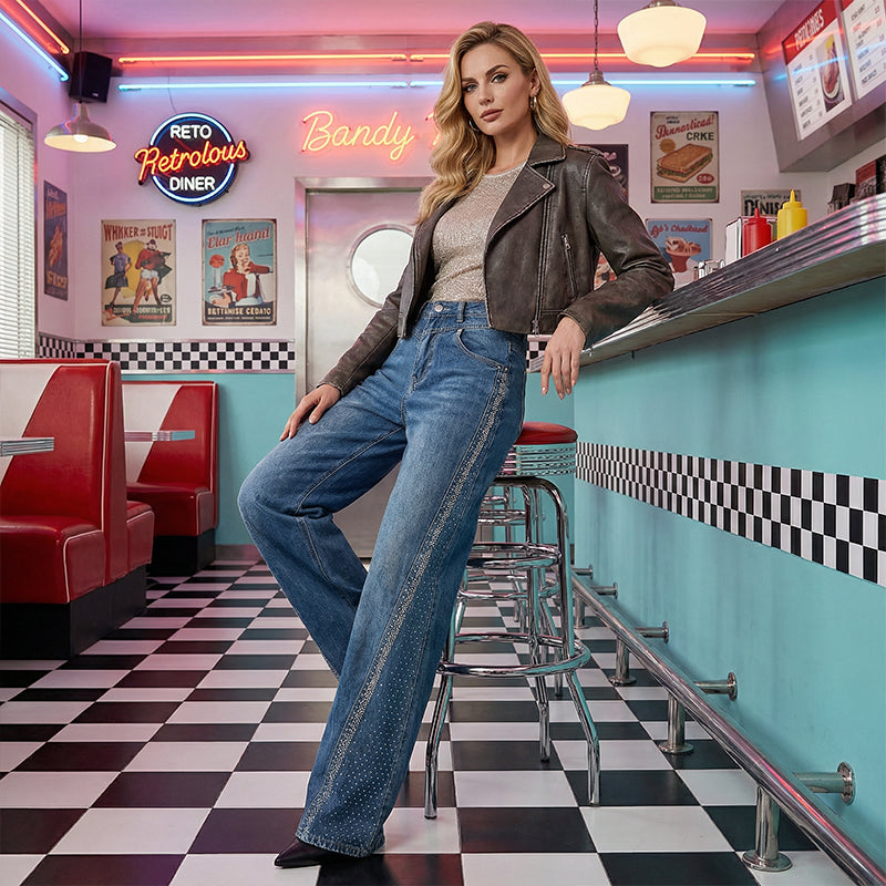 🔥Hot Sale Deals-Women's Rhinestone-Embellished Wide-Leg Jeans