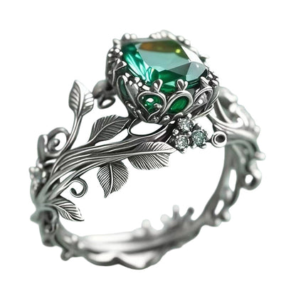 🔥🎁New arrival 50% OFF💥Green Synthetic Crystal Ring with Intricate Leaf