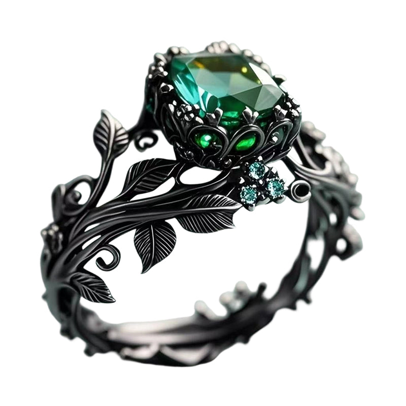 🔥🎁New arrival 50% OFF💥Green Synthetic Crystal Ring with Intricate Leaf