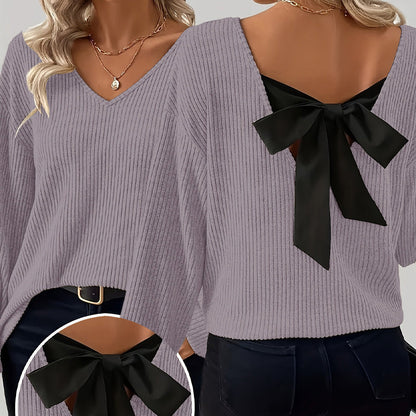 🎀 Elegant Back Detail | Women’s V-Neck Knit Sweater