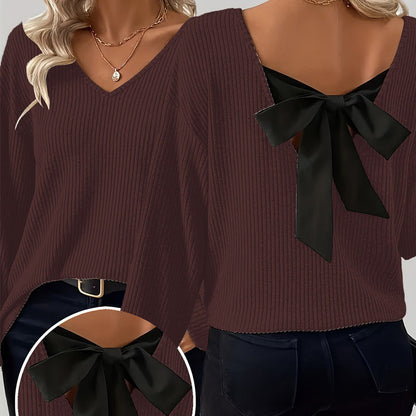 🎀 Elegant Back Detail | Women’s V-Neck Knit Sweater
