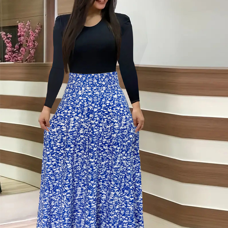 🔥Hot Sale Offers-Women's Long Sleeve Floral Print Spliced Dress