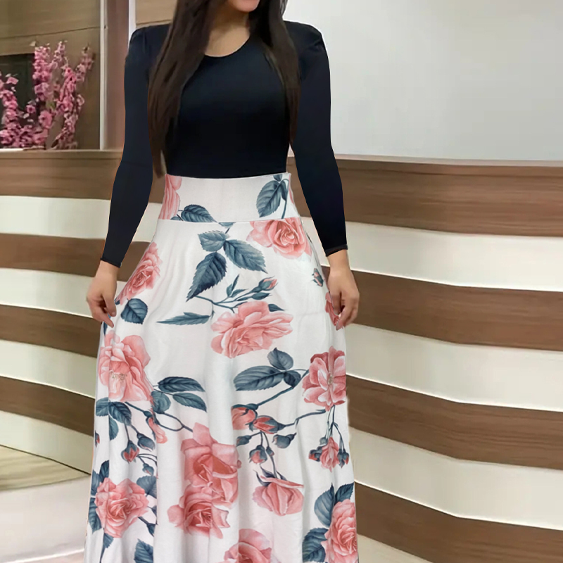 🔥Hot Sale Offers-Women's Long Sleeve Floral Print Spliced Dress
