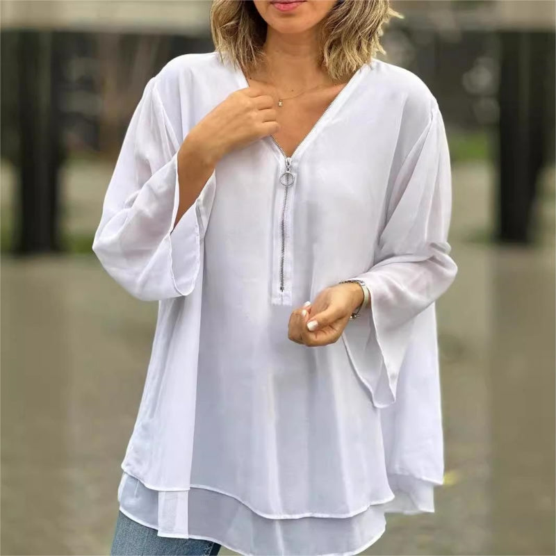 👚 50% OFF NOW! ✨Double-Layer V-Neck Zipper 3/4 Sleeves Soft Tops – Elegant Design, Comfortable Fit & Versatile Style 🌸