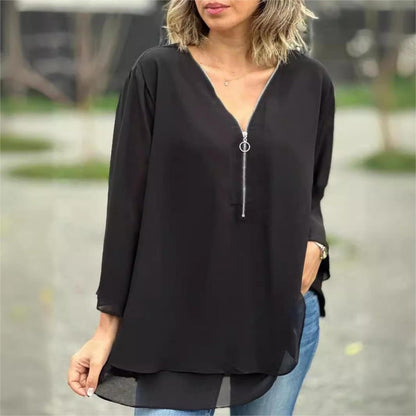 👚 50% OFF NOW! ✨Double-Layer V-Neck Zipper 3/4 Sleeves Soft Tops – Elegant Design, Comfortable Fit & Versatile Style 🌸