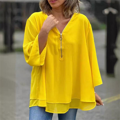 👚 50% OFF NOW! ✨Double-Layer V-Neck Zipper 3/4 Sleeves Soft Tops – Elegant Design, Comfortable Fit & Versatile Style 🌸