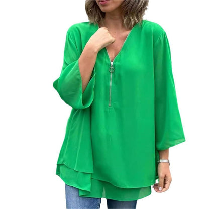👚 50% OFF NOW! ✨Double-Layer V-Neck Zipper 3/4 Sleeves Soft Tops – Elegant Design, Comfortable Fit & Versatile Style 🌸