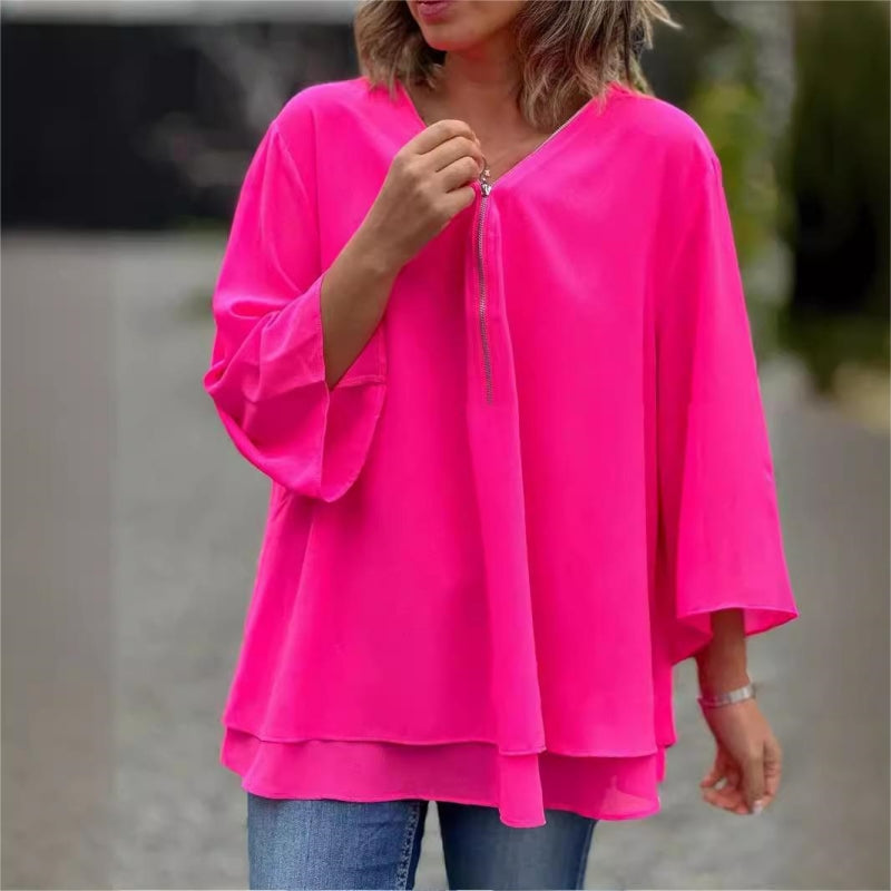 👚 50% OFF NOW! ✨Double-Layer V-Neck Zipper 3/4 Sleeves Soft Tops – Elegant Design, Comfortable Fit & Versatile Style 🌸