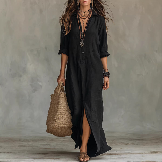 🔥Hot Sale Offers-Casual, loose-fitting, long cotton-linen dress with a front slit