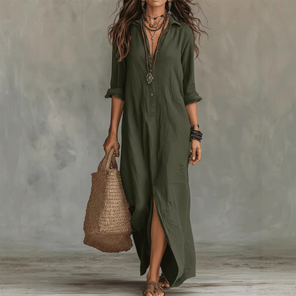 🔥Hot Sale Offers-Casual, loose-fitting, long cotton-linen dress with a front slit