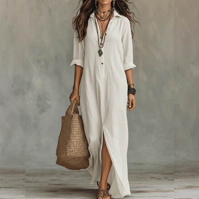 🔥Hot Sale Offers-Casual, loose-fitting, long cotton-linen dress with a front slit