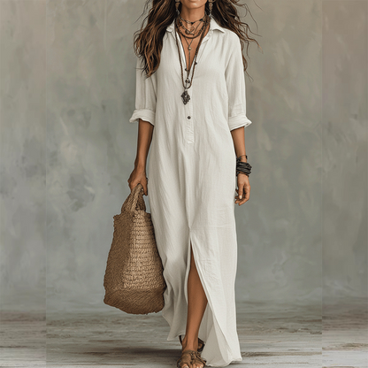 🔥Hot Sale Offers-Casual, loose-fitting, long cotton-linen dress with a front slit
