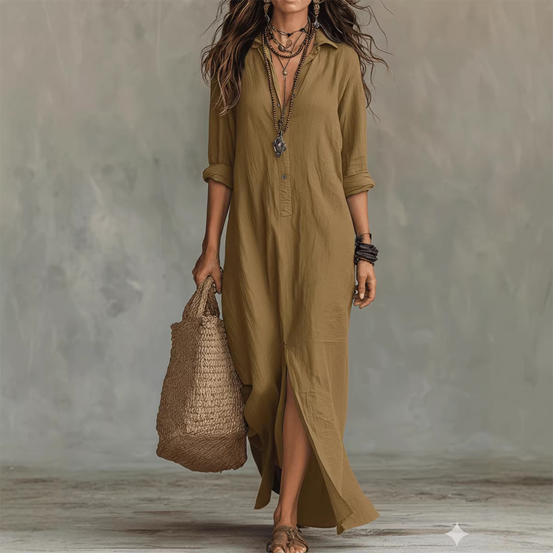 🔥Hot Sale Offers-Casual, loose-fitting, long cotton-linen dress with a front slit