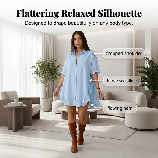 🔥Hot Sale Deals-Women's Oversized Button-Down Mini Dress with Ruffle Hem