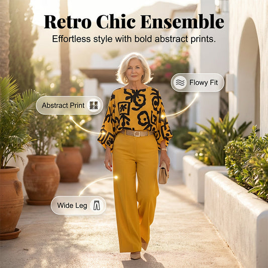 🔥Hot Sale Deals-Women's Retro Graphic Print Top & Wide-Leg Pants Set