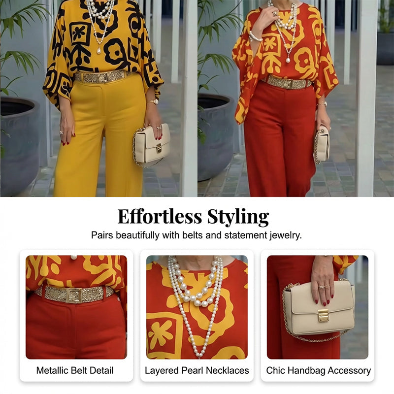 🔥Hot Sale Deals-Women's Retro Graphic Print Top & Wide-Leg Pants Set